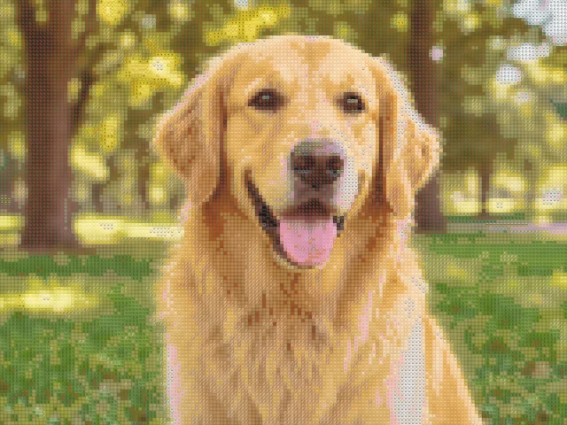 Golden retriever dog photo transformed into pet emoji mosaic artwork
