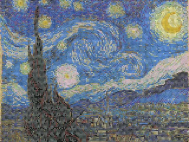 Van Gogh Starry Night painting converted into detailed emoji mosaic art